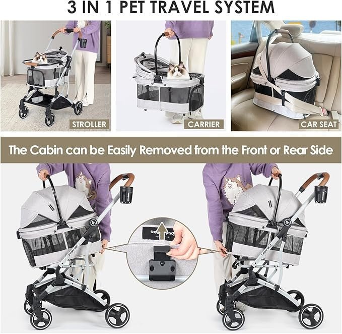 3 - in - 1 Foldable Pet Stroller with Detachable Carrier for Small Dogs Cats - Kwikley