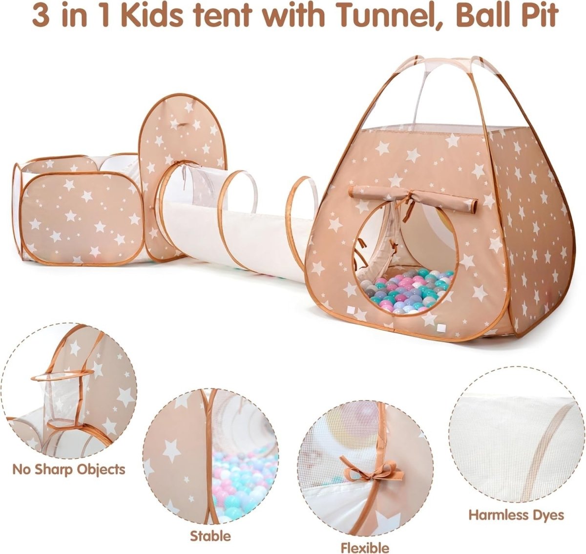 3 in 1 Kids Pop Up Play Tent Tunnel Ball Pit Indoor Outdoor - Kwikley