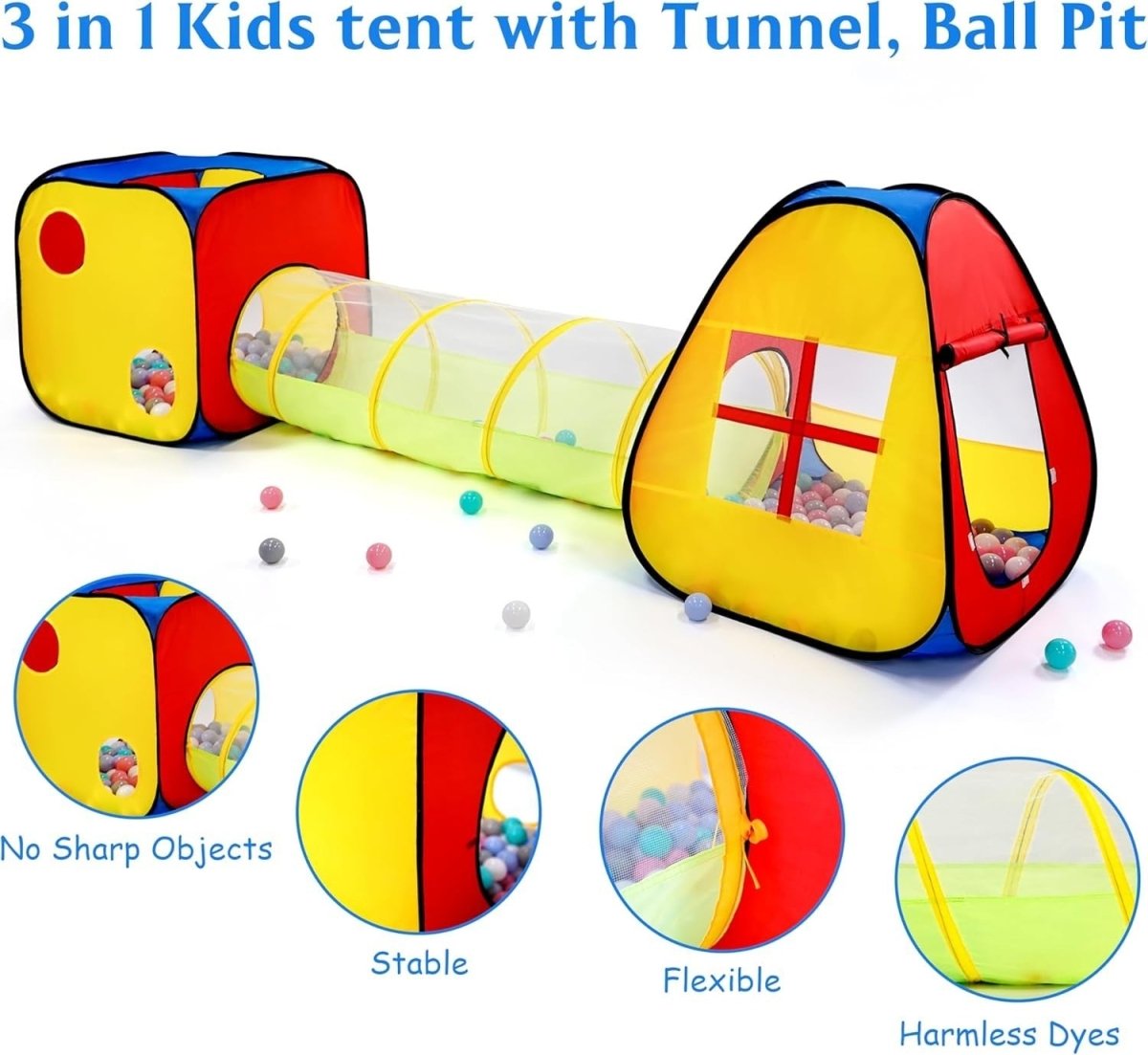 3 in 1 Kids Pop Up Play Tent Tunnel Ball Pit Indoor Outdoor Set - Kwikley