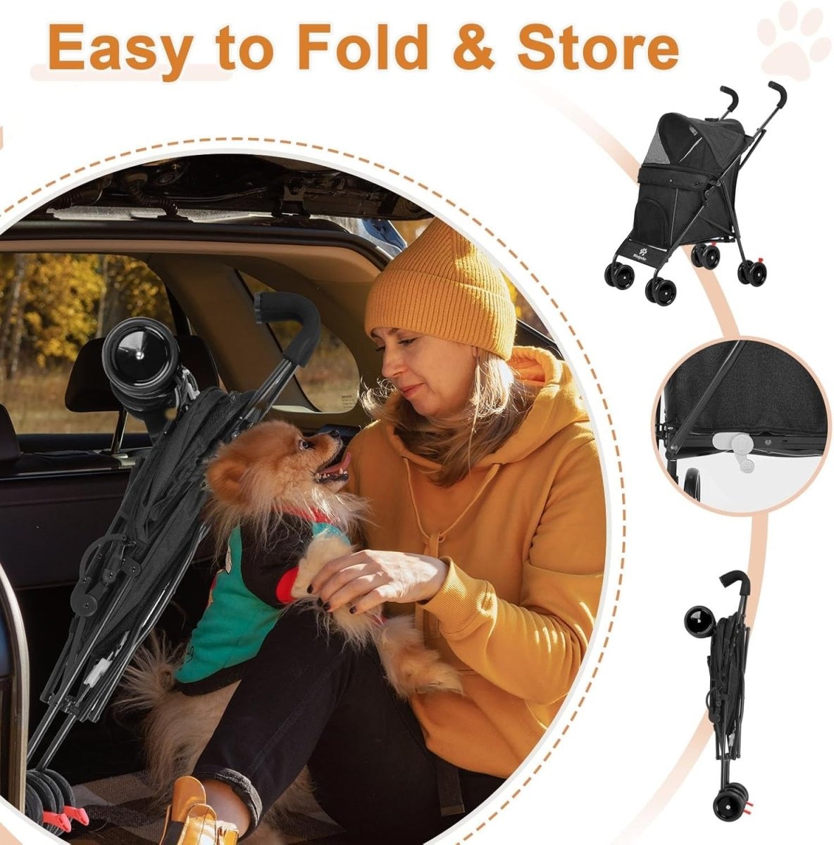 3 in 1 Pet Stroller Folding Dog Cat Pushchair 6 Wheel Travel - Kwikley