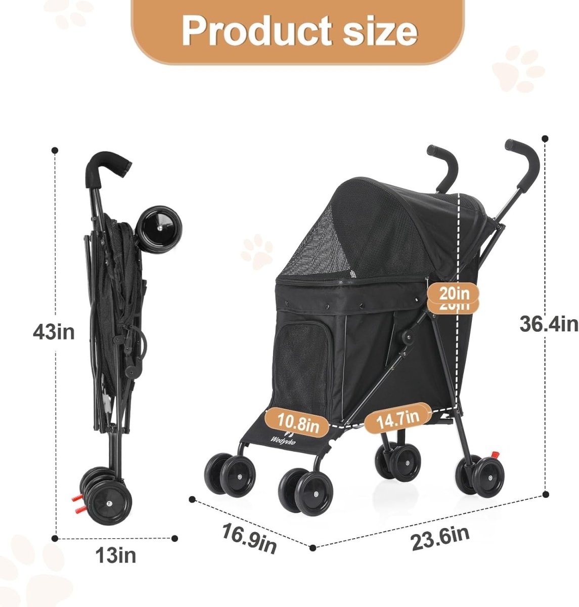 3 in 1 Pet Stroller Folding Dog Cat Pushchair 6 Wheel Travel - Kwikley