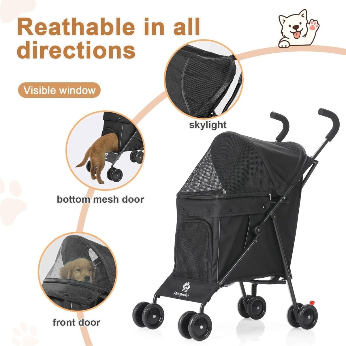 3 in 1 Pet Stroller Folding Dog Cat Pushchair 6 Wheel Travel - Kwikley
