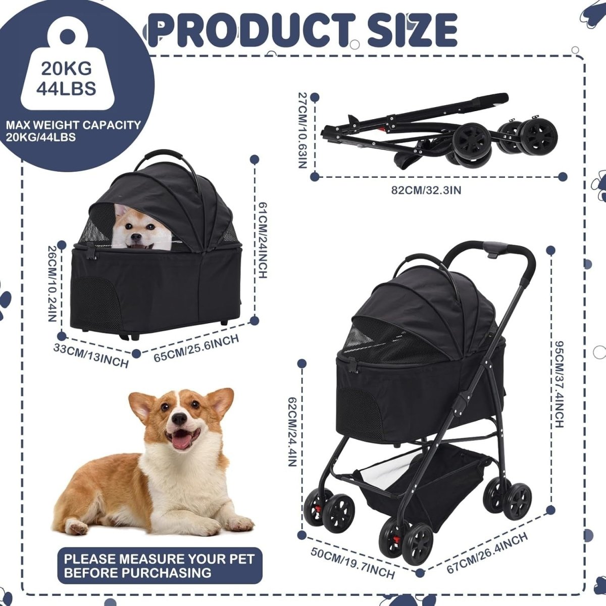3 in 1 Pet Stroller Pram Foldable Carrier for Cat Dog Up to 20kg - Kwikley
