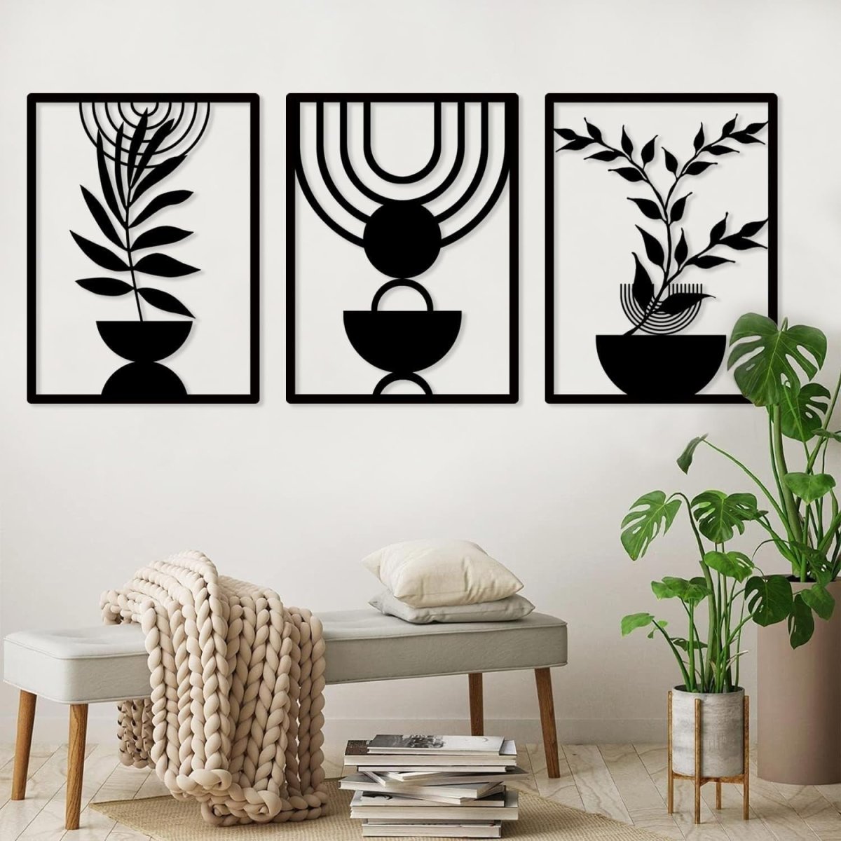 3 Panel Boho Metal Wall Art Black Geometric Wall Decor Set - Kwikley