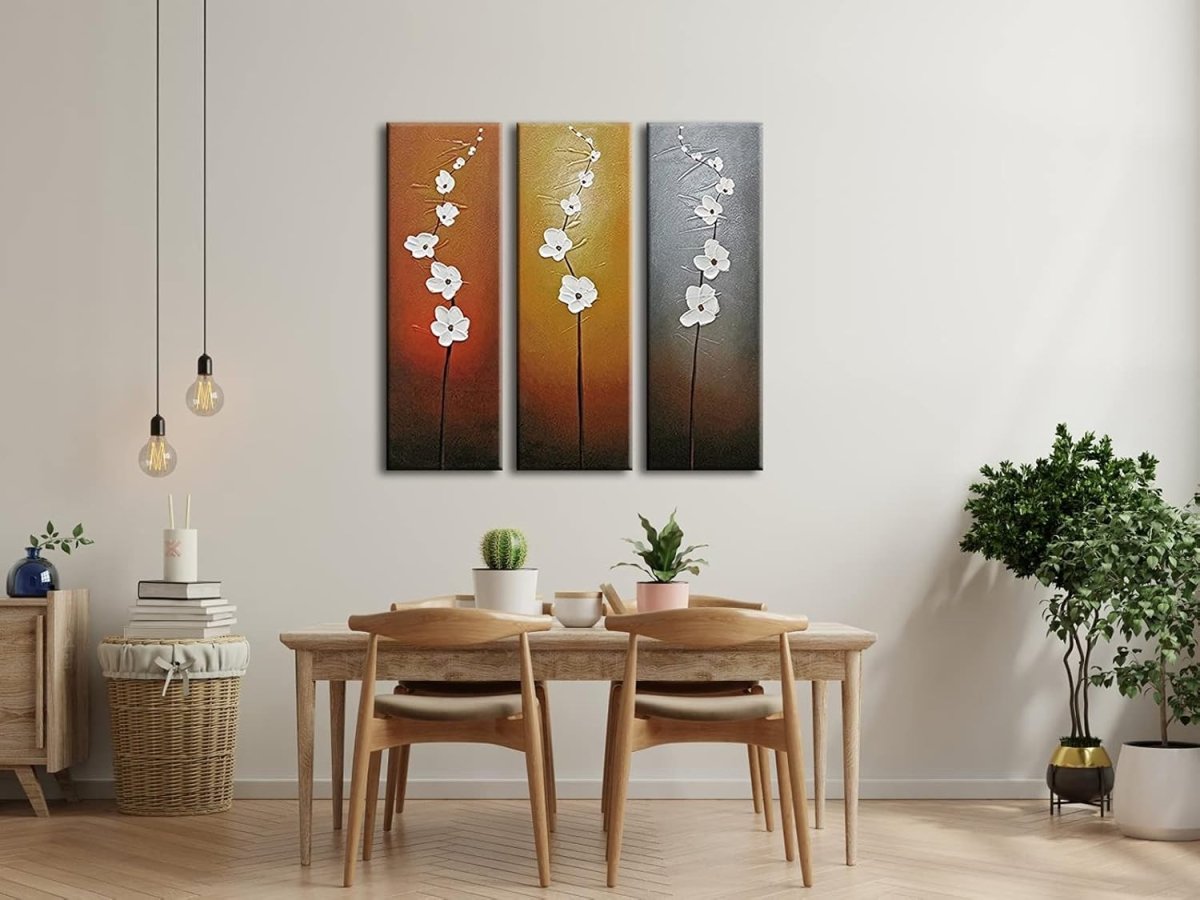 3 Panel Hand Painted Floral Canvas Wall Art Modern 30x10in Set - Kwikley