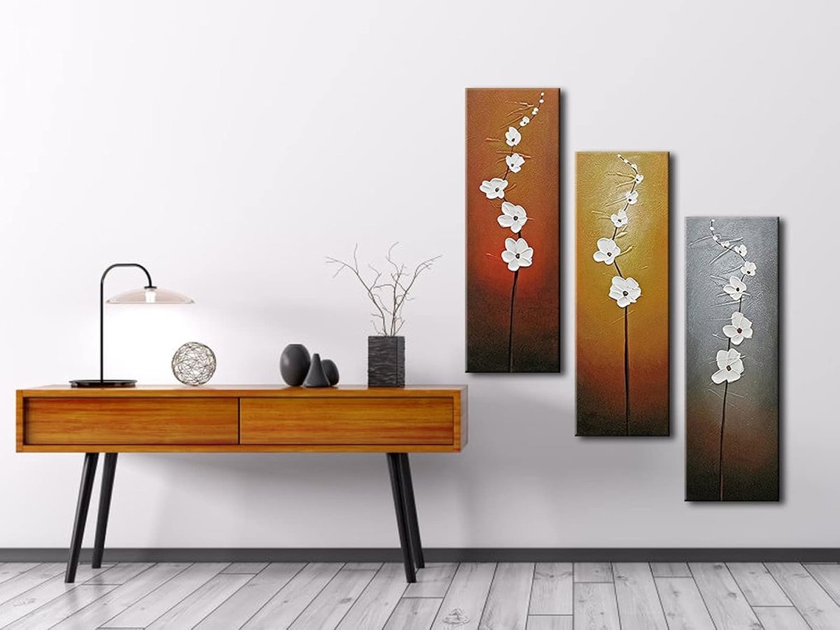 3 Panel Hand Painted Floral Canvas Wall Art Modern 30x10in Set - Kwikley