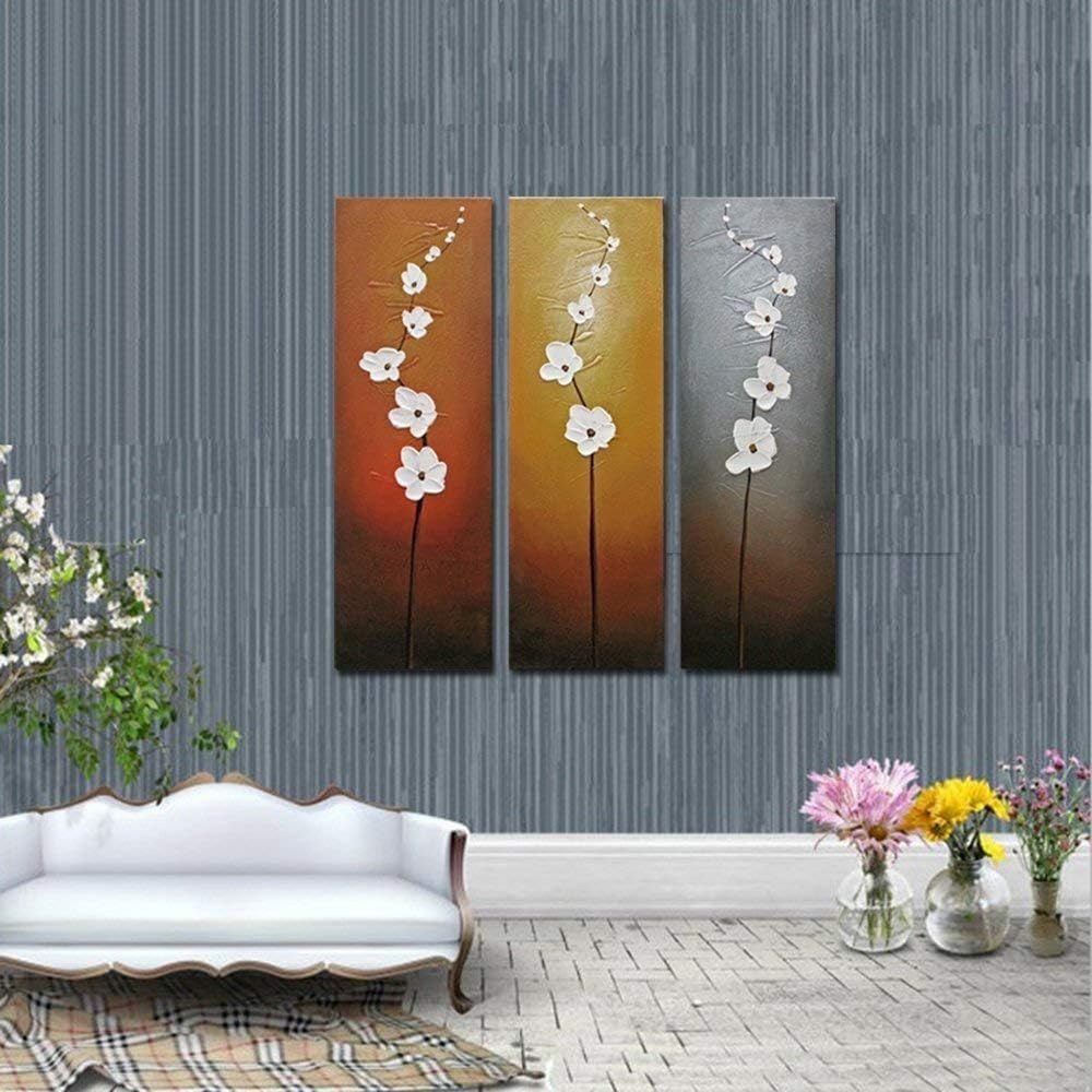 3 Panel Hand Painted Floral Canvas Wall Art Modern 30x10in Set - Kwikley