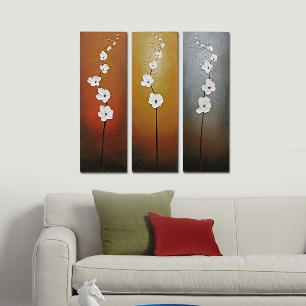 3 Panel Hand Painted Floral Canvas Wall Art Modern 30x10in Set - Kwikley