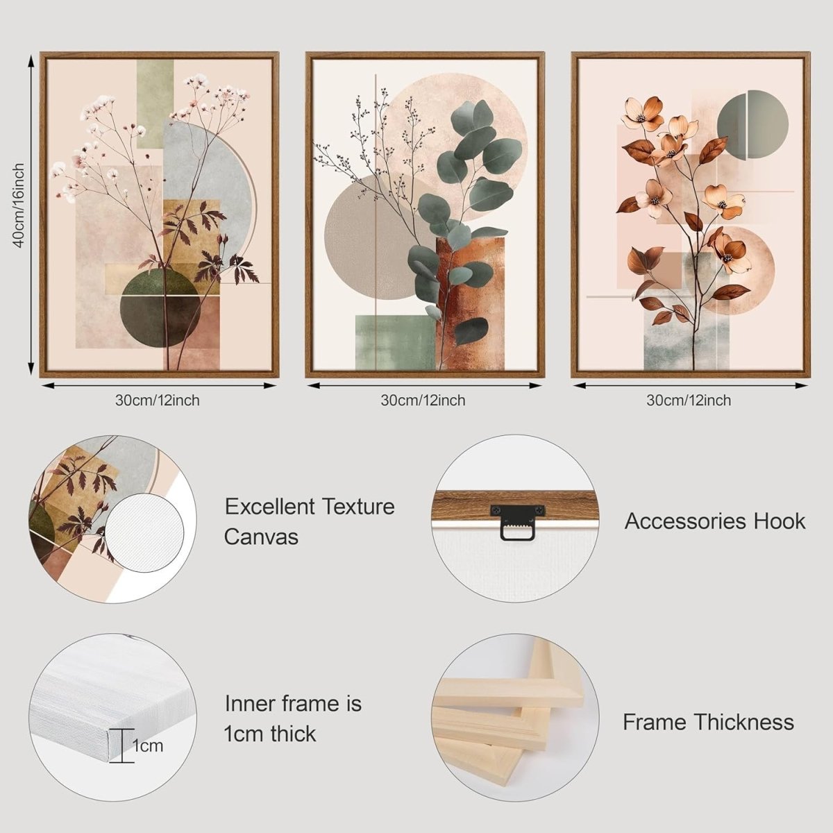3 - Piece Beige Botanical Canvas Wall Art 30x40 cm Modern Framed Prints - Kwikley