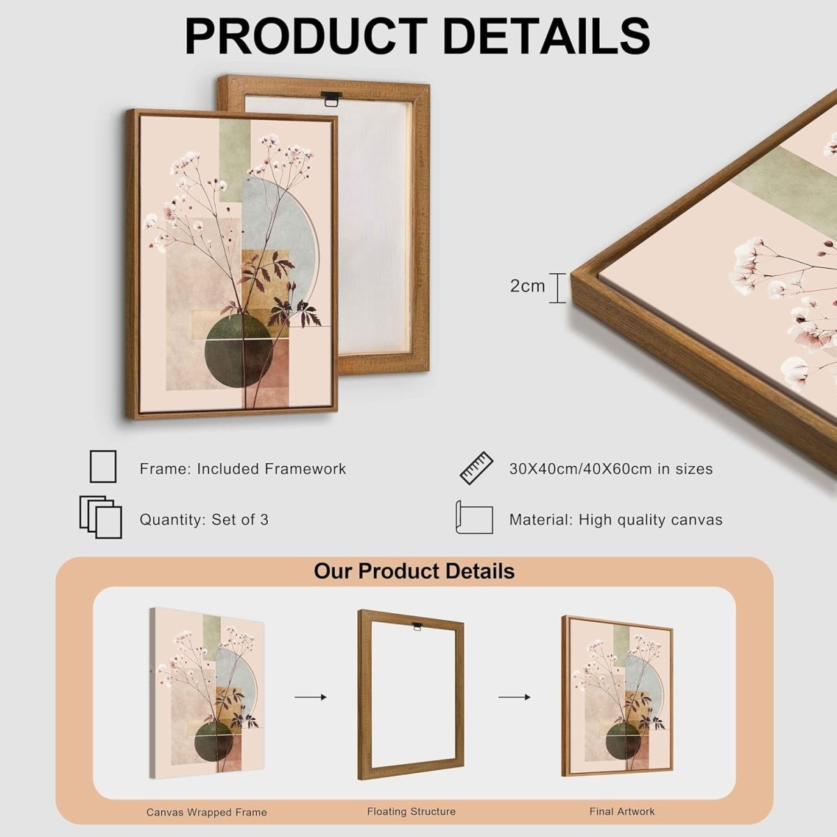 3 - Piece Beige Botanical Canvas Wall Art 30x40 cm Modern Framed Prints - Kwikley