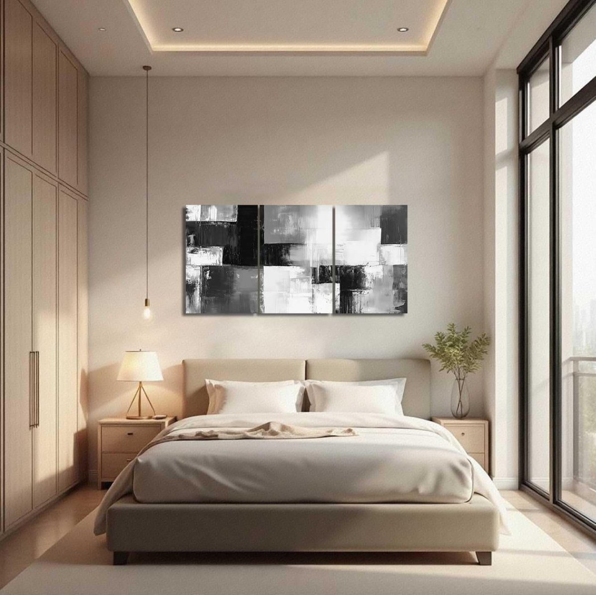 3 - Piece Black White Grey Abstract Canvas Wall Art Minimalist - Kwikley