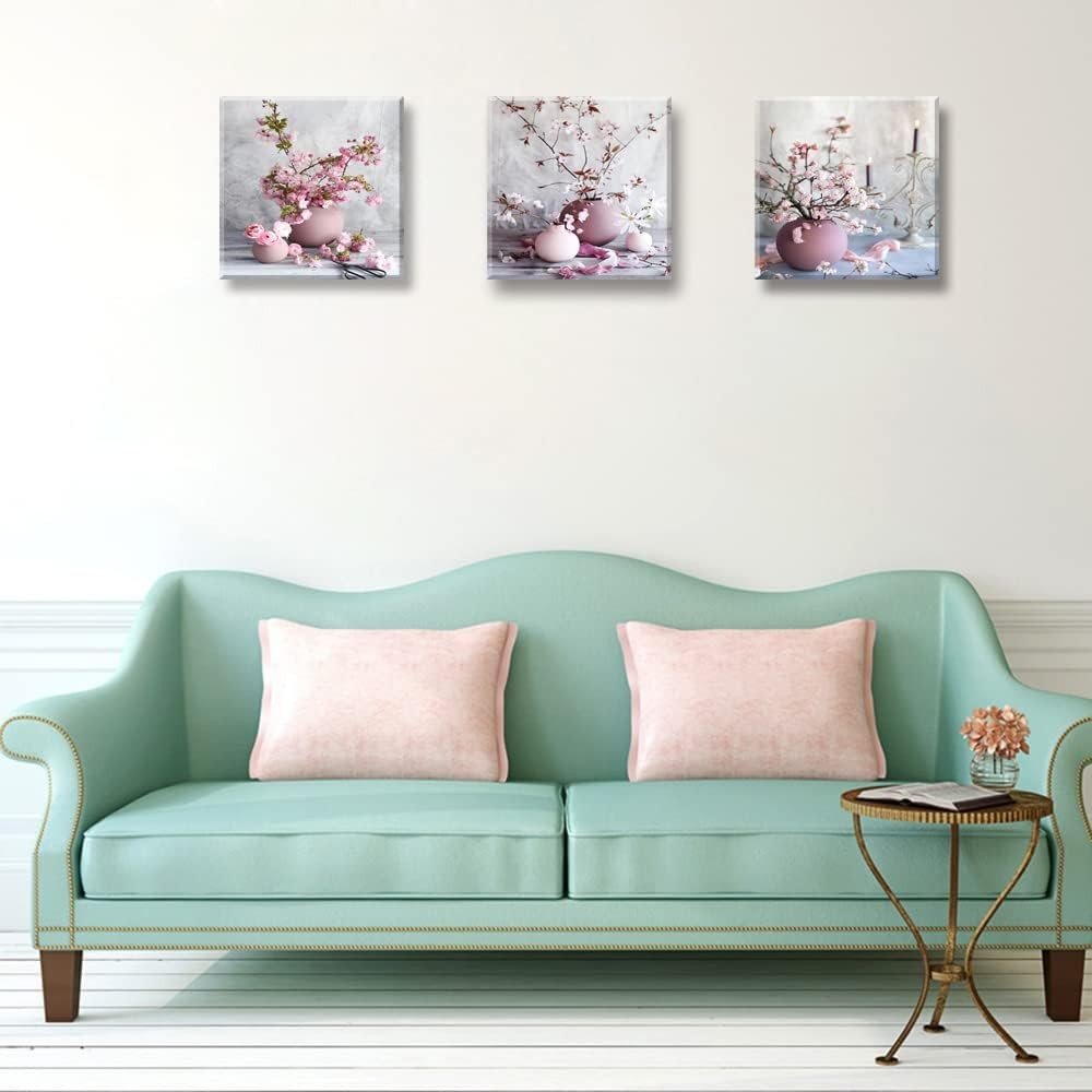 3 - Piece Cherry Blossom Canvas Wall Art 12x12in Pink Floral Prints - Kwikley