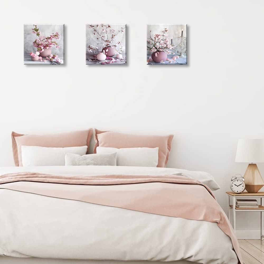 3 - Piece Cherry Blossom Canvas Wall Art 12x12in Pink Floral Prints - Kwikley