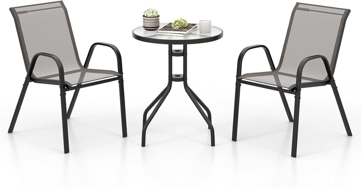 3 - Piece Grey Patio Bistro Set Stackable Chairs & Glass Table Outdoor Furniture - Kwikley