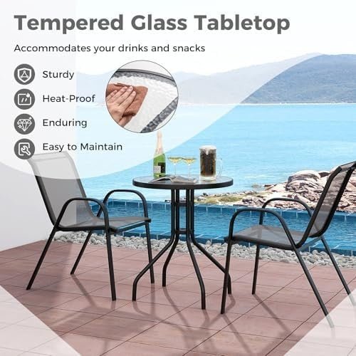3 - Piece Grey Patio Bistro Set Stackable Chairs & Glass Table Outdoor Furniture - Kwikley