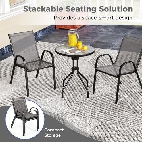3 - Piece Grey Patio Bistro Set Stackable Chairs & Glass Table Outdoor Furniture - Kwikley