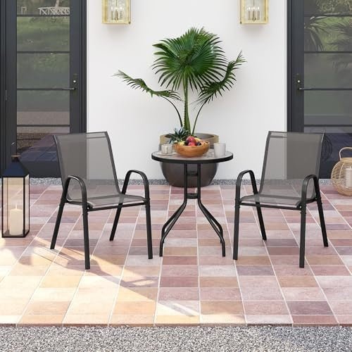 3 - Piece Grey Patio Bistro Set Stackable Chairs & Glass Table Outdoor Furniture - Kwikley