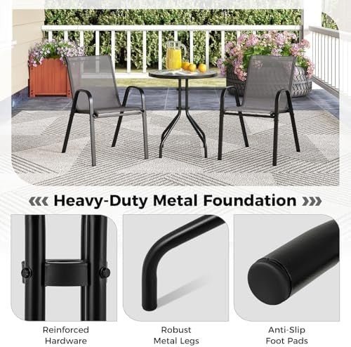 3 - Piece Grey Patio Bistro Set Stackable Chairs & Glass Table Outdoor Furniture - Kwikley