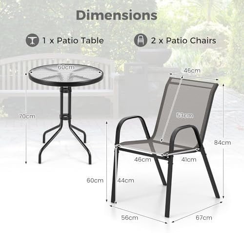 3 - Piece Grey Patio Bistro Set Stackable Chairs & Glass Table Outdoor Furniture - Kwikley