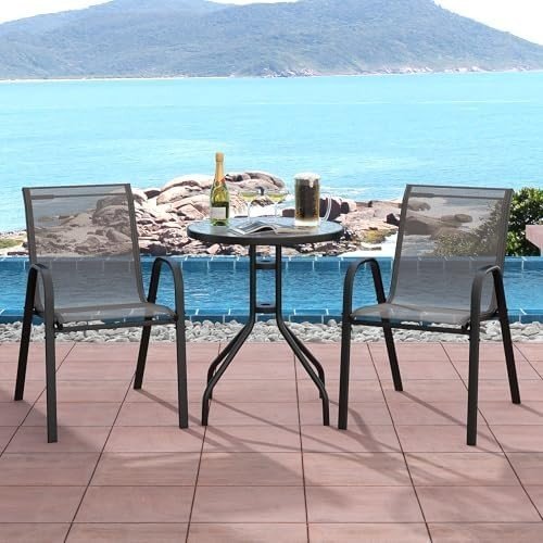 3 - Piece Grey Patio Bistro Set Stackable Chairs & Glass Table Outdoor Furniture - Kwikley