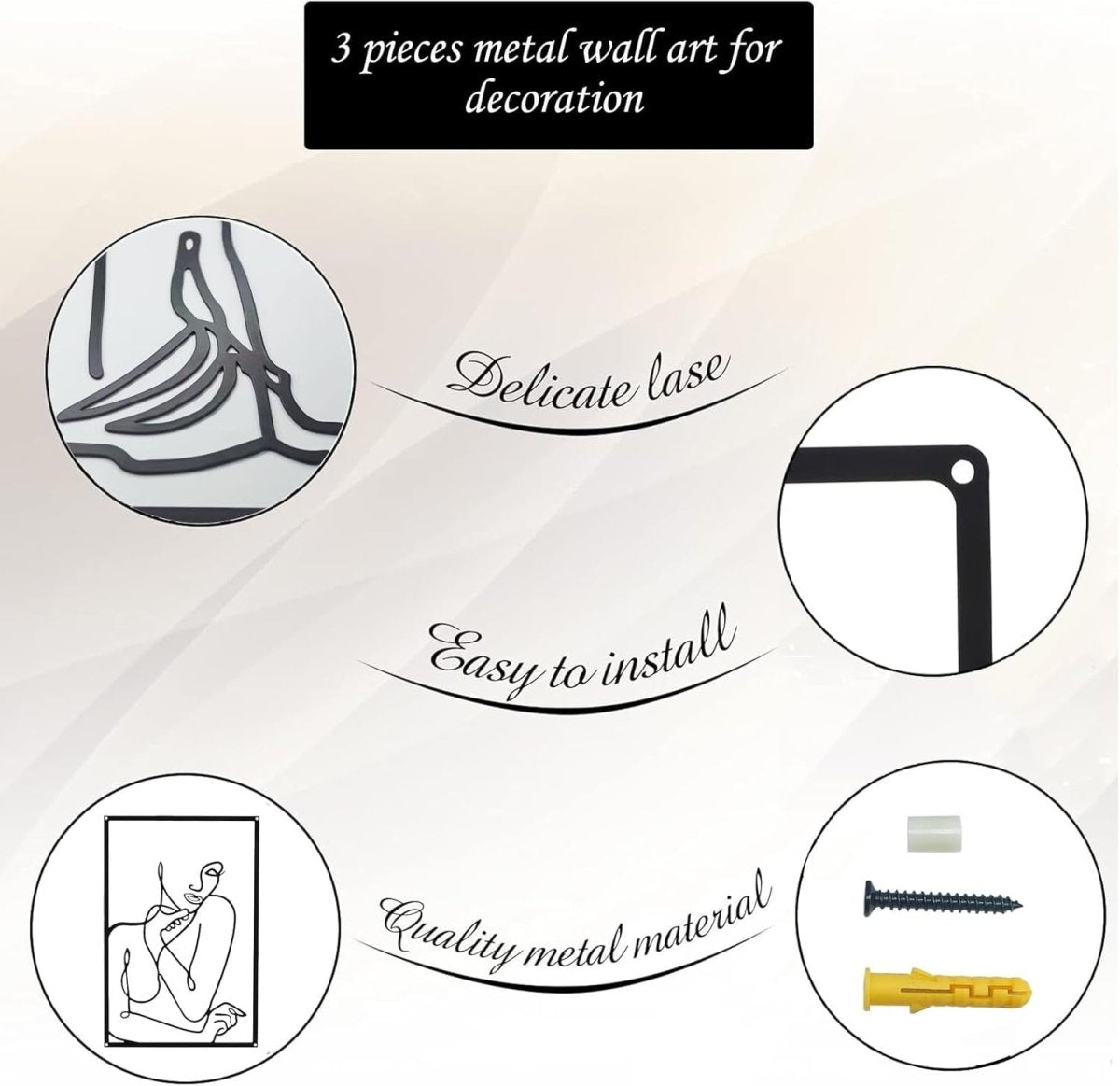 3 Piece Metal Minimalist Wall Art Female Line Decor Black - Kwikley