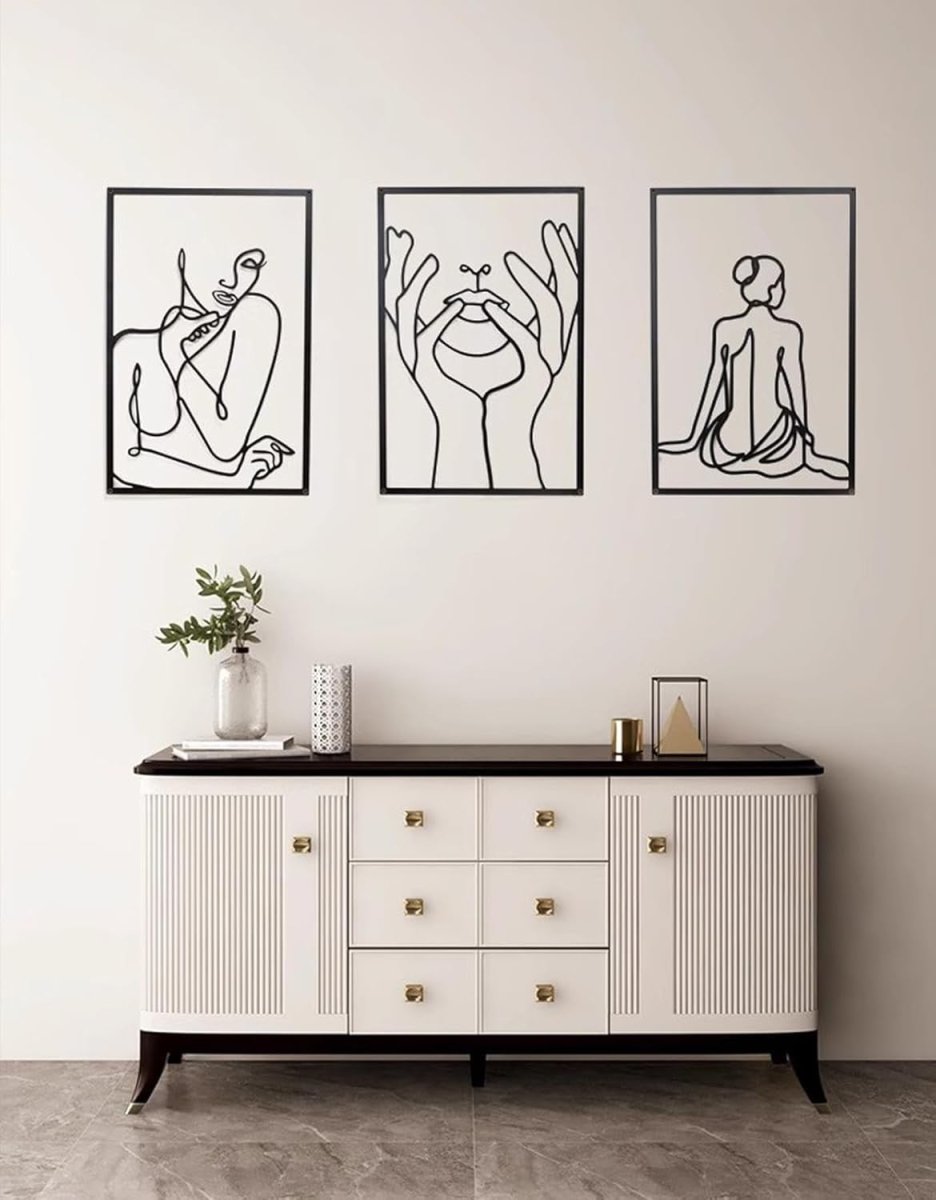 3 Piece Metal Minimalist Wall Art Female Line Decor Black - Kwikley