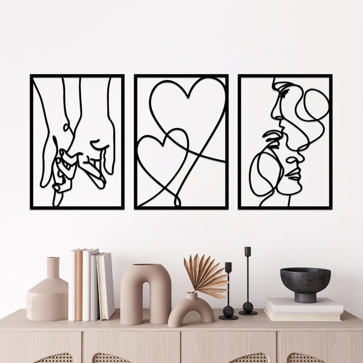 3 Piece Metal Wall Art Minimalist Line Love Heart Set Black - Kwikley