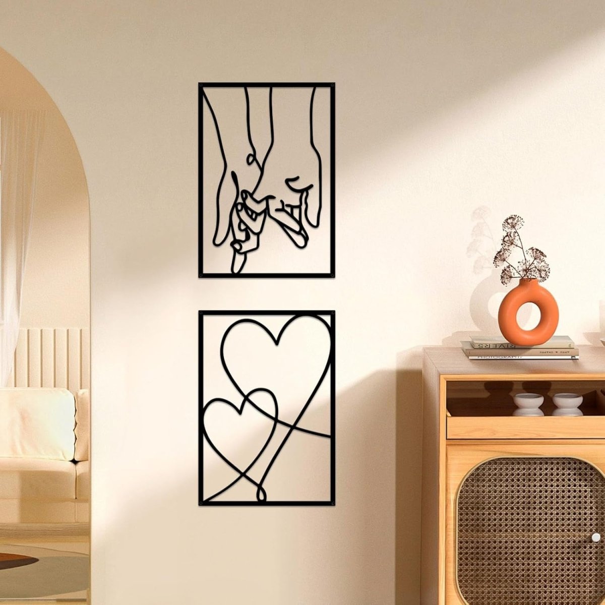 3 Piece Metal Wall Art Minimalist Line Love Heart Set Black - Kwikley