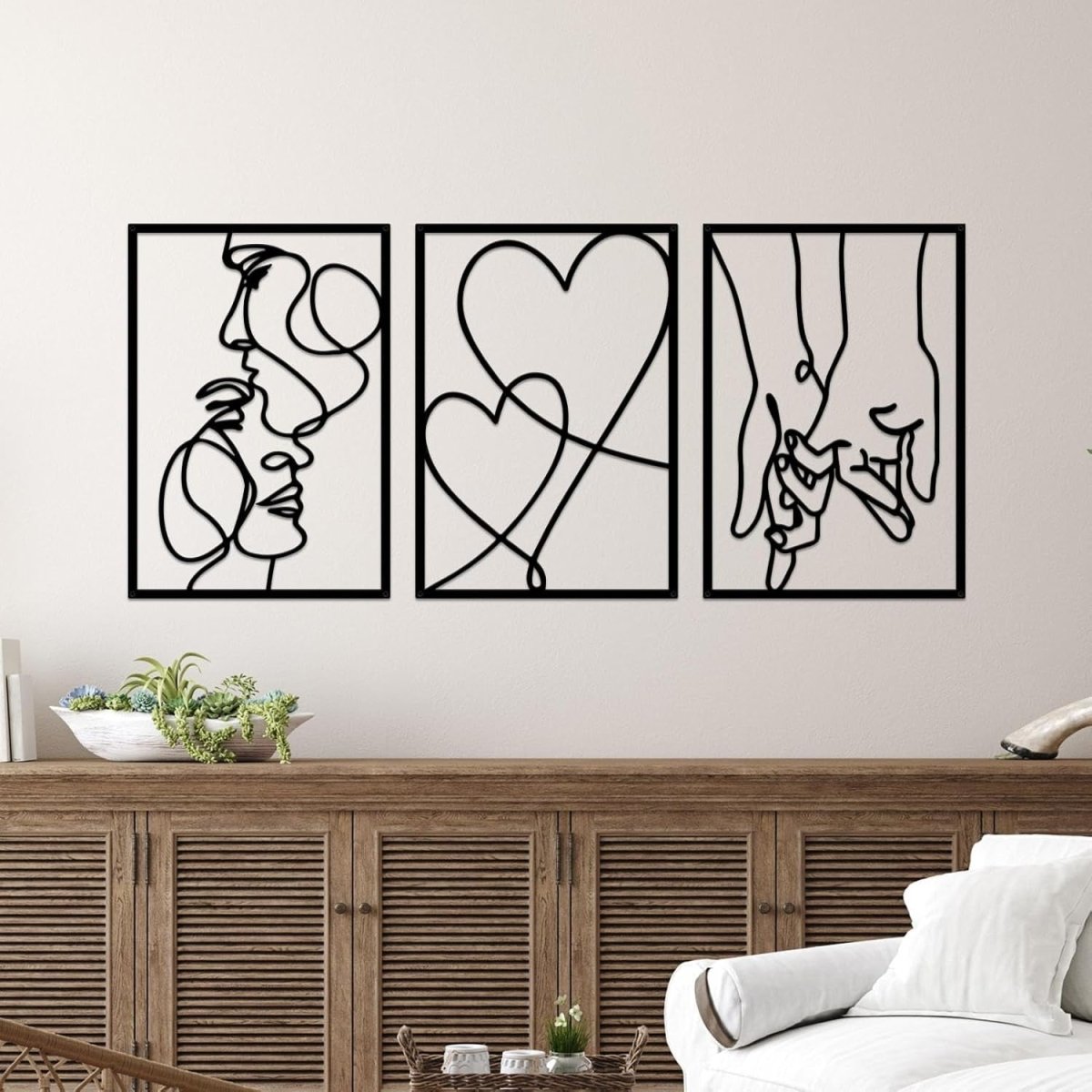 3 Piece Metal Wall Art Minimalist Line Love Heart Set Black - Kwikley