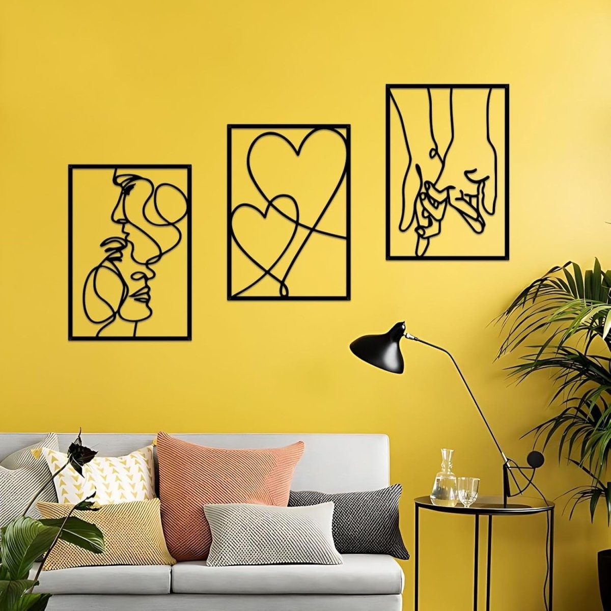 3 Piece Metal Wall Art Minimalist Line Love Heart Set Black - Kwikley