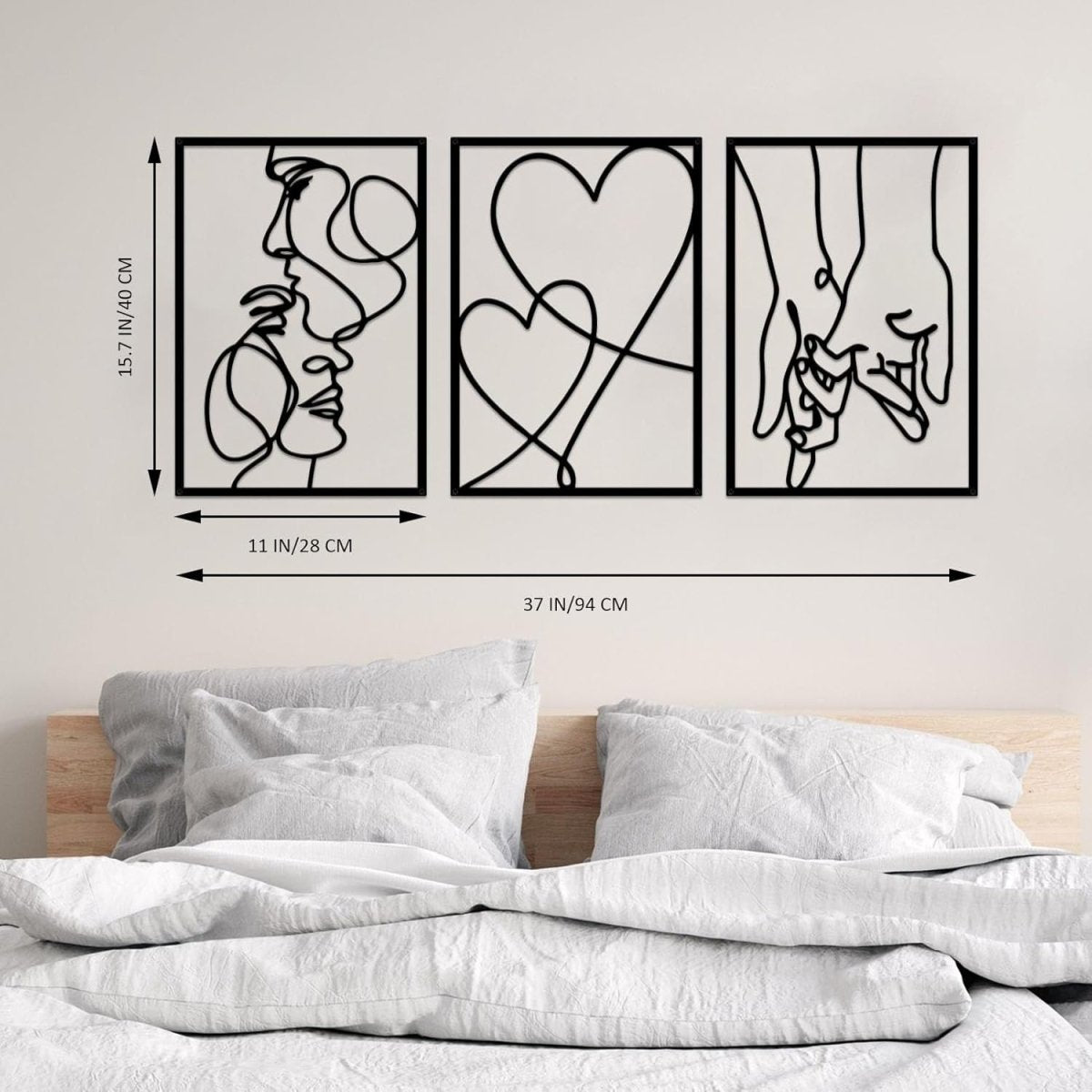 3 Piece Metal Wall Art Minimalist Line Love Heart Set Black - Kwikley