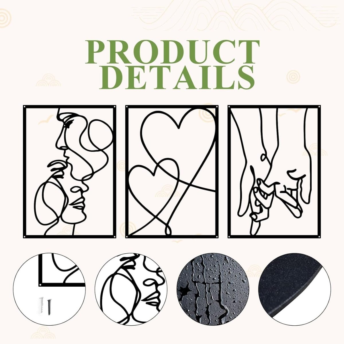 3 Piece Metal Wall Art Minimalist Line Love Heart Set Black - Kwikley