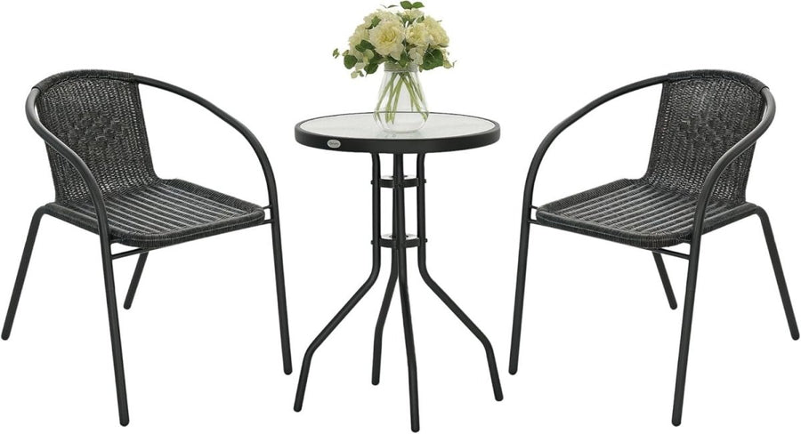 3 Piece Rattan Bistro Garden Furniture Set Outdoor Table & Chairs Black - Kwikley