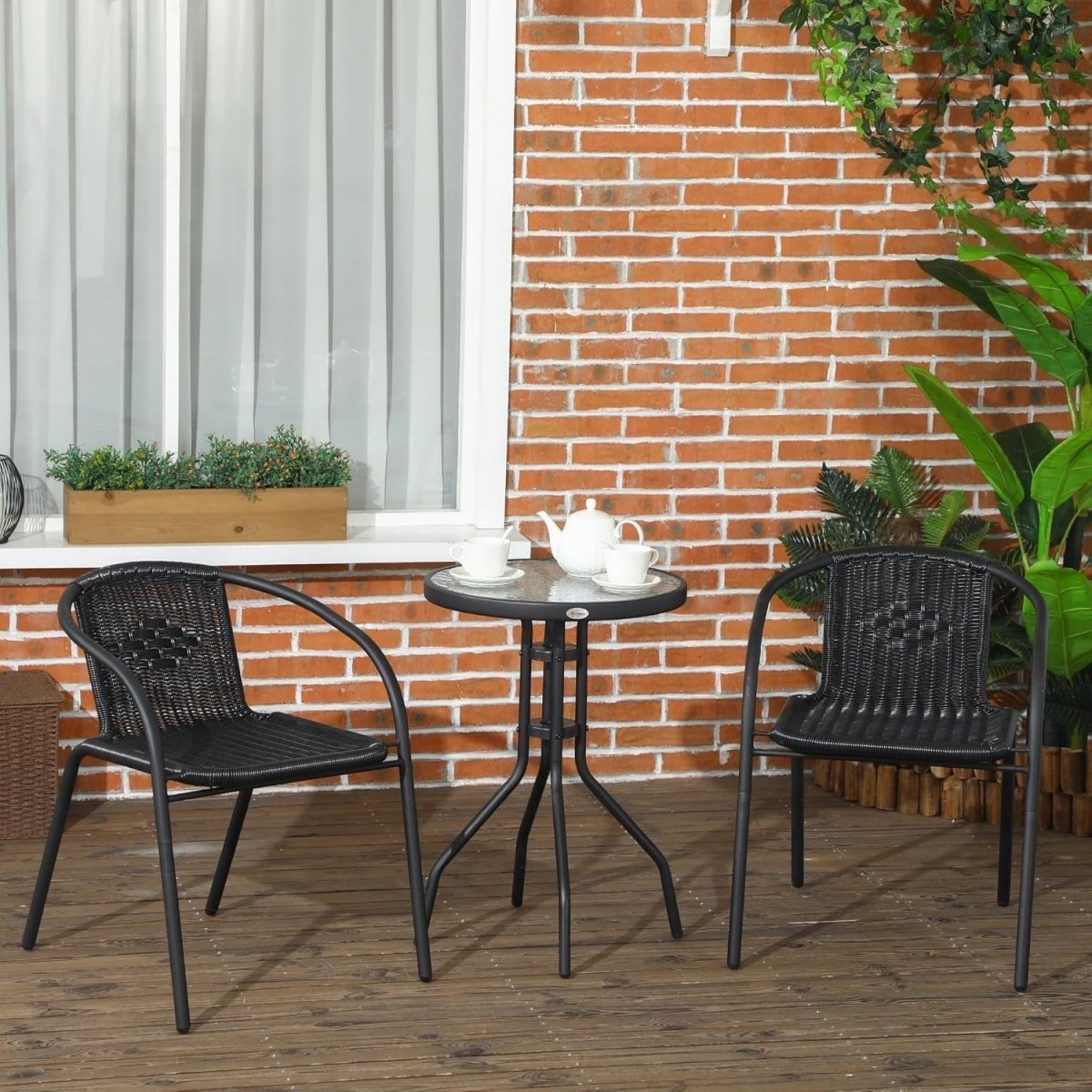 3 Piece Rattan Bistro Set Garden Table Chairs Stackable Patio Balcony - Kwikley