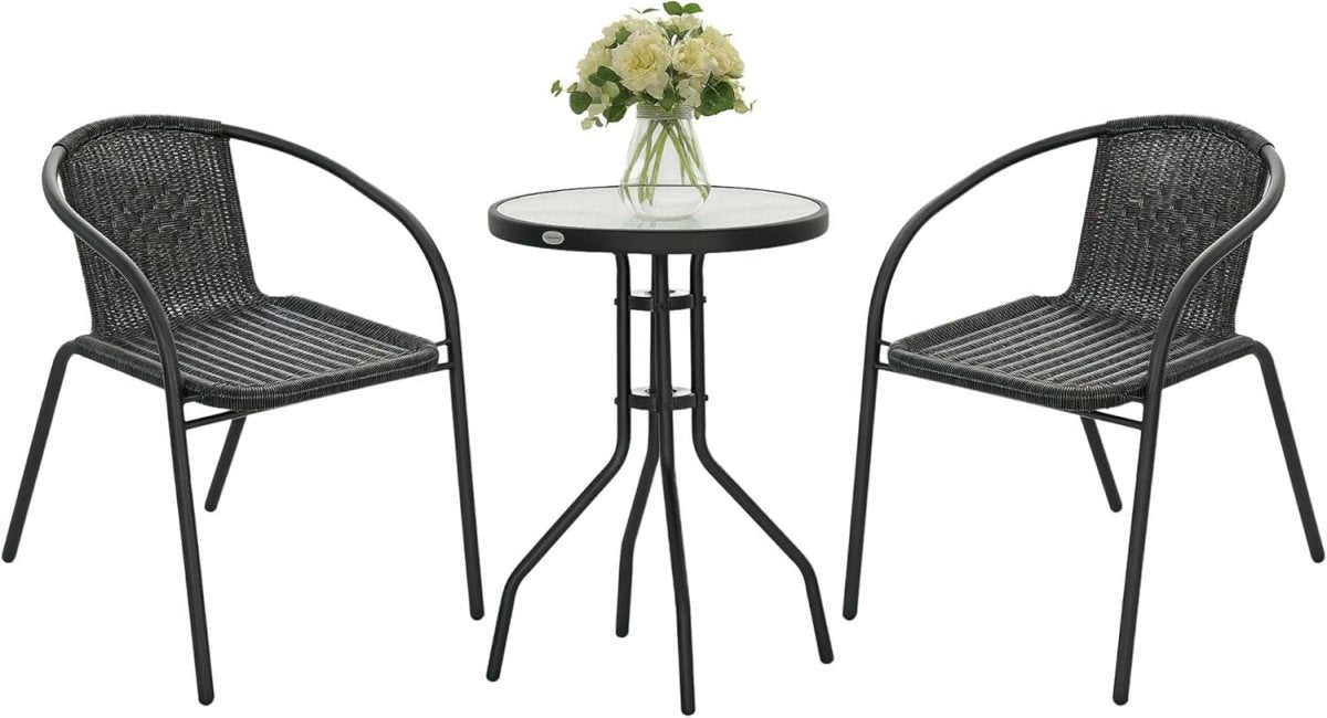3 Piece Rattan Bistro Set Garden Table Chairs Stackable Patio Balcony - Kwikley