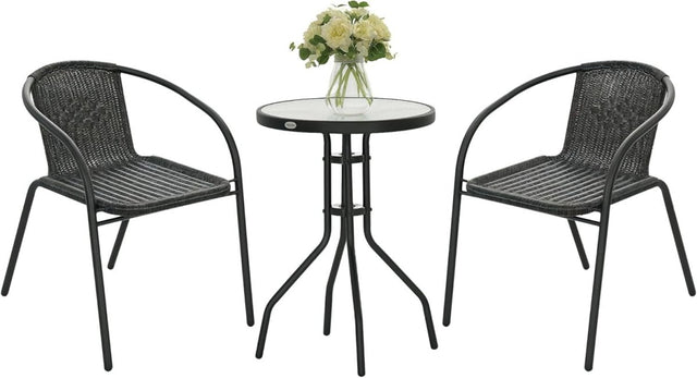 3 Piece Rattan Bistro Set Garden Table Chairs Stackable Patio Balcony