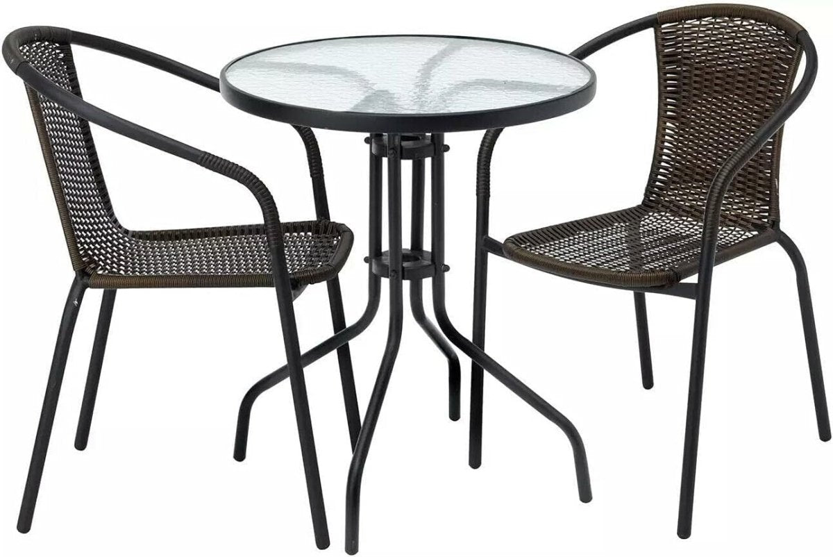 3 Piece Rattan Bistro Set Patio Table Chairs Outdoor Balcony Garden Dining - Kwikley