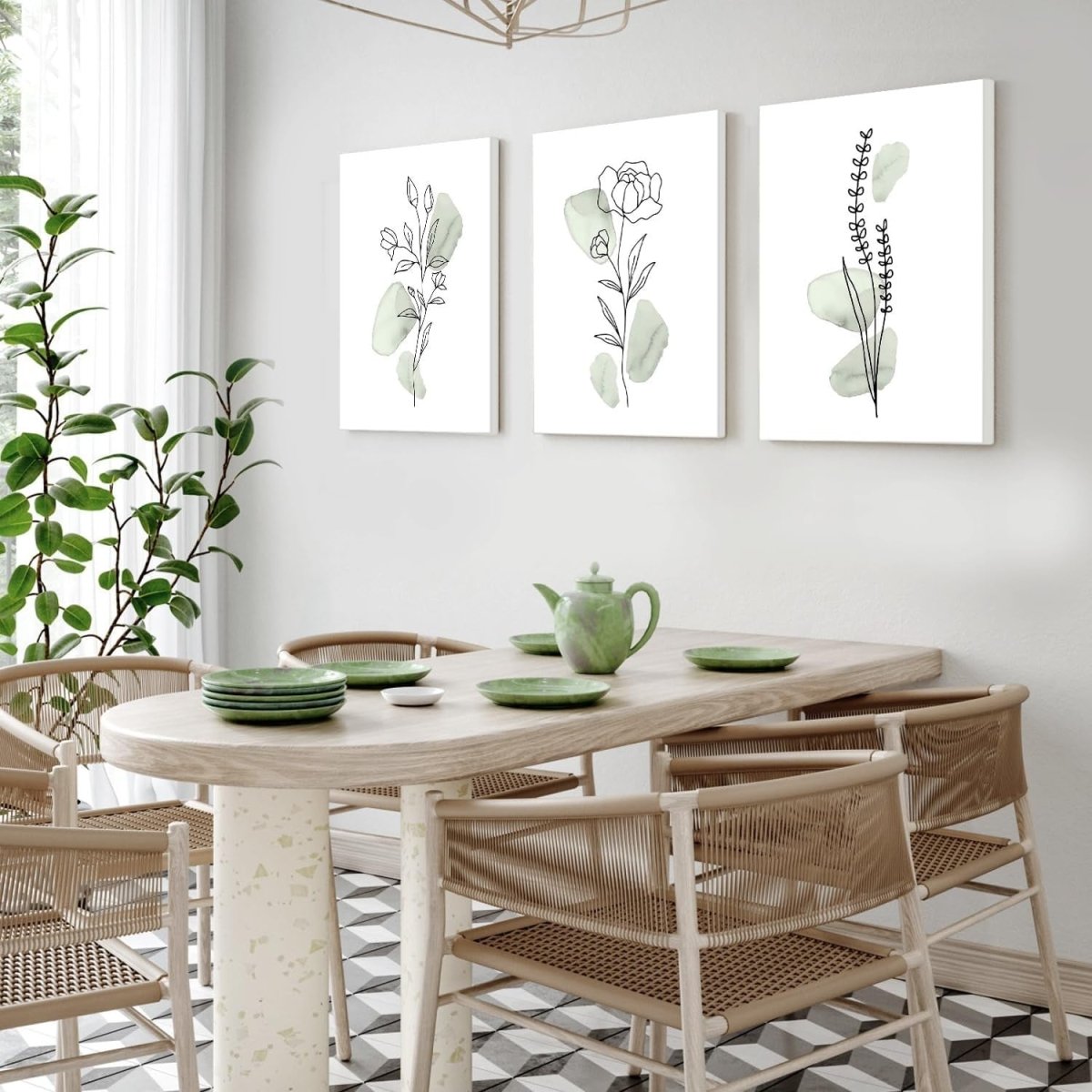 3 - Piece Sage Green Botanical Canvas Wall Art Framed Minimalist - Kwikley