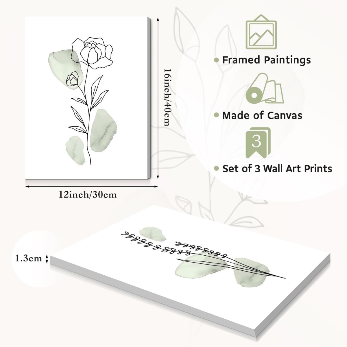3 - Piece Sage Green Botanical Canvas Wall Art Framed Minimalist - Kwikley