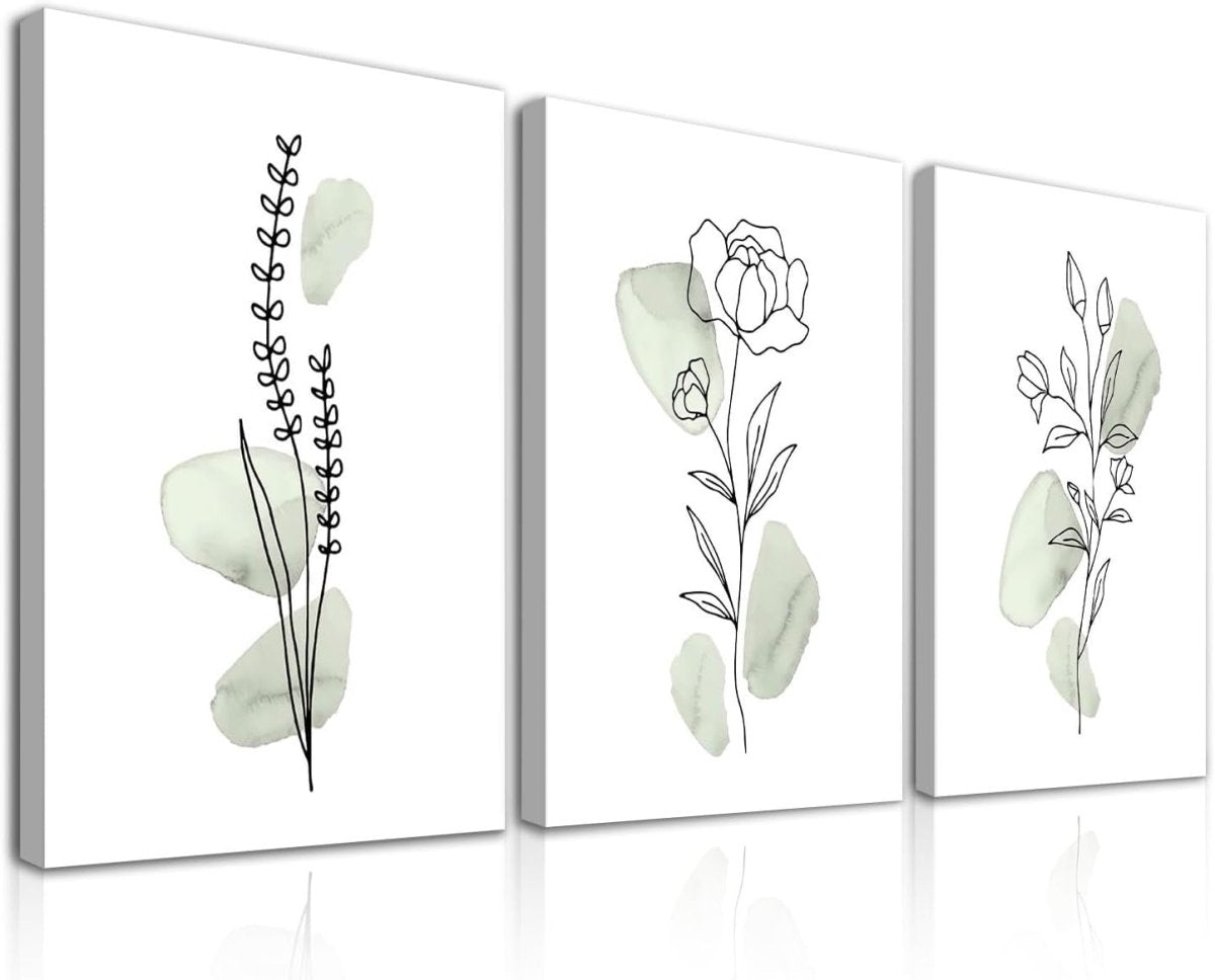3 - Piece Sage Green Botanical Canvas Wall Art Framed Minimalist - Kwikley