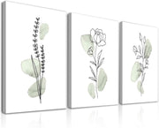 3 - Piece Sage Green Botanical Canvas Wall Art Framed Minimalist - Kwikley