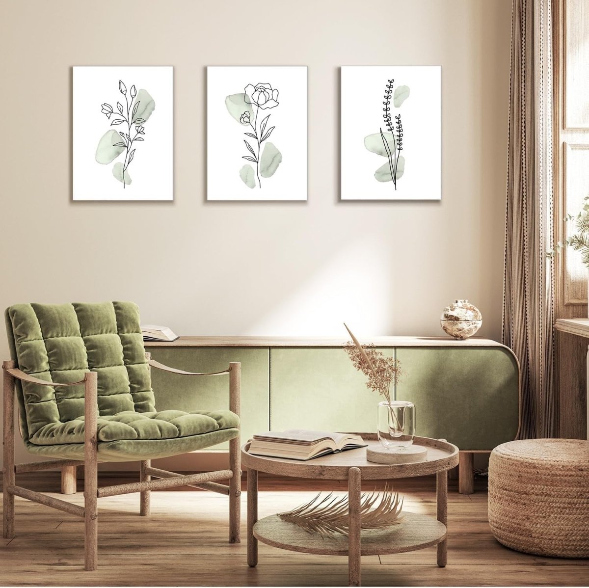 3 - Piece Sage Green Botanical Canvas Wall Art Framed Minimalist - Kwikley