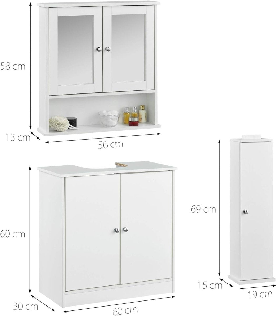 3 Piece White Bathroom Furniture Set | Under Sink, Tall & Mirror Cabinet Combo - Kwikley