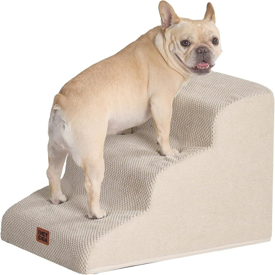 3 Step Dog Stairs for Bed Sofa Non Slip Foam Pet Steps Washable Cream - Kwikley