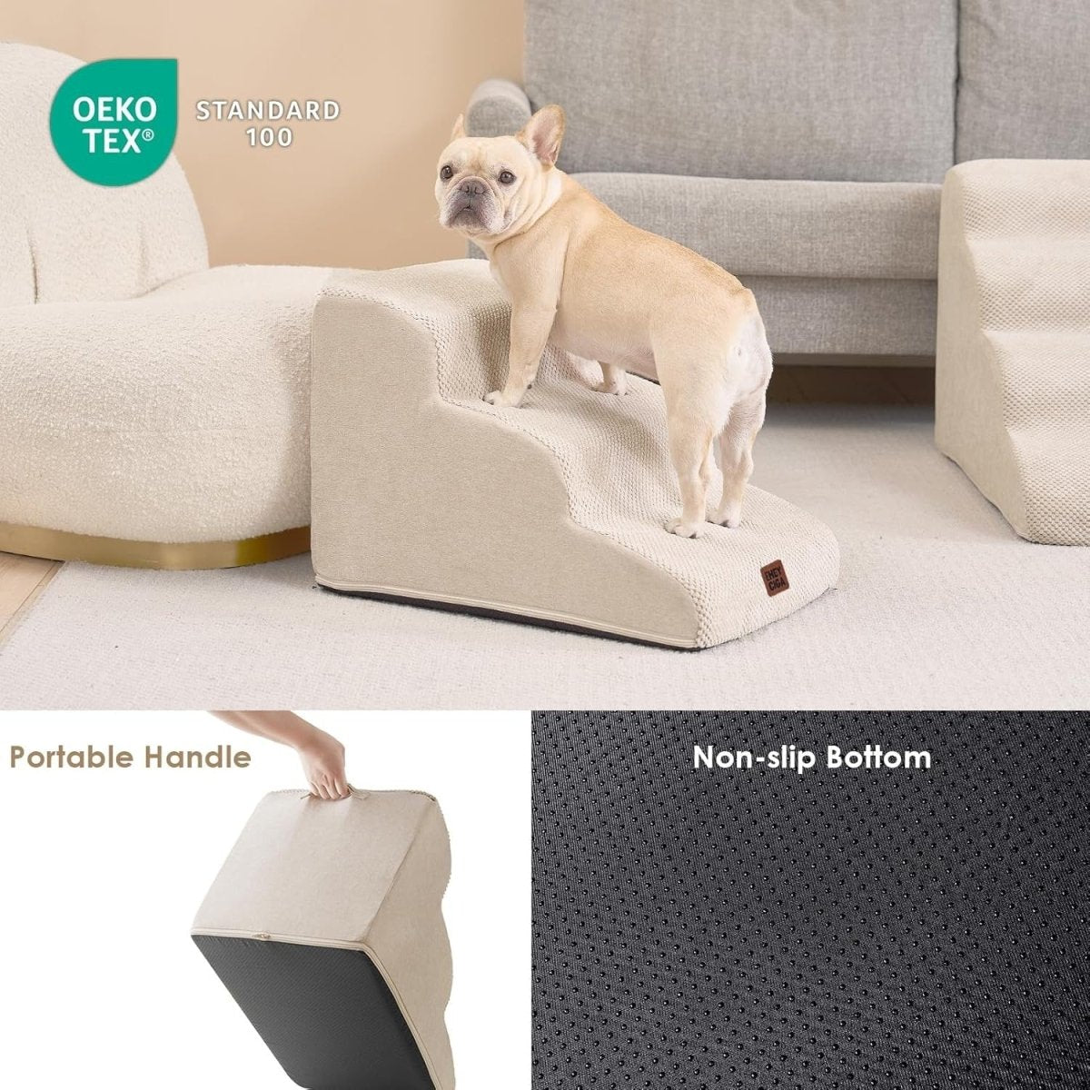 3 Step Dog Stairs for Bed Sofa Non Slip Foam Pet Steps Washable Cream - Kwikley