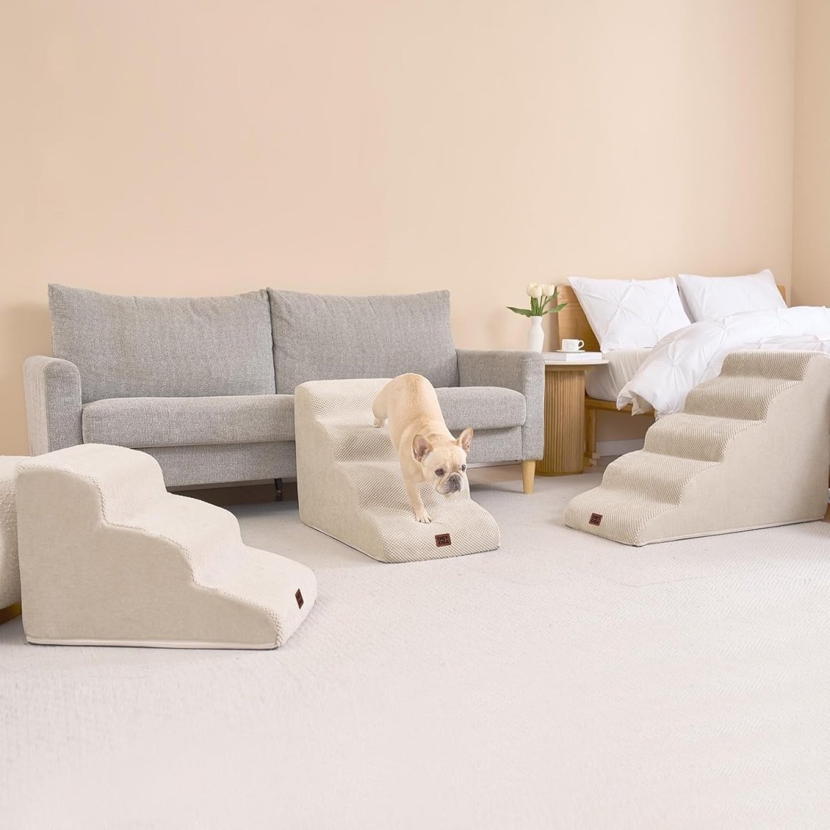 3 Step Dog Stairs for Bed Sofa Non Slip Foam Pet Steps Washable Cream - Kwikley