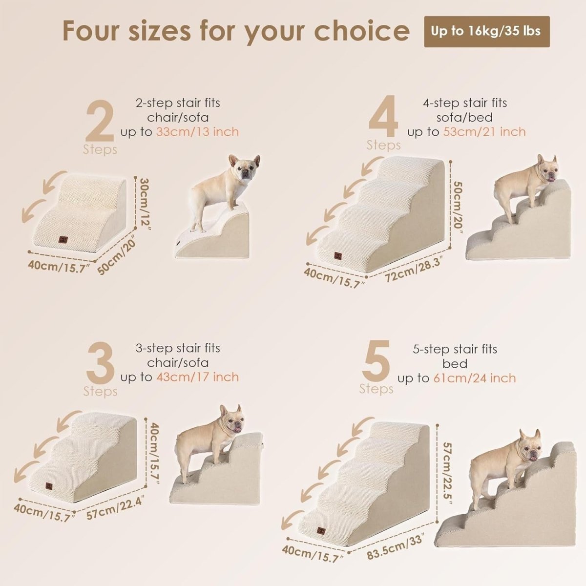 3 Step Dog Stairs for Bed Sofa Non Slip Foam Pet Steps Washable Cream - Kwikley