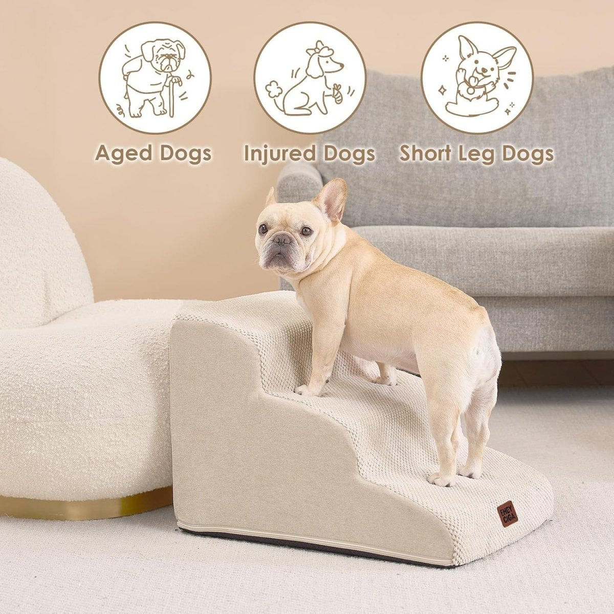 3 Step Dog Stairs for Bed Sofa Non Slip Foam Pet Steps Washable Cream - Kwikley