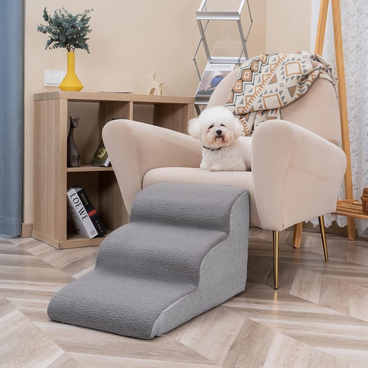 3 Tier Dog Stairs for Bed Non Slip Foam Pet Ramp Grey - Kwikley