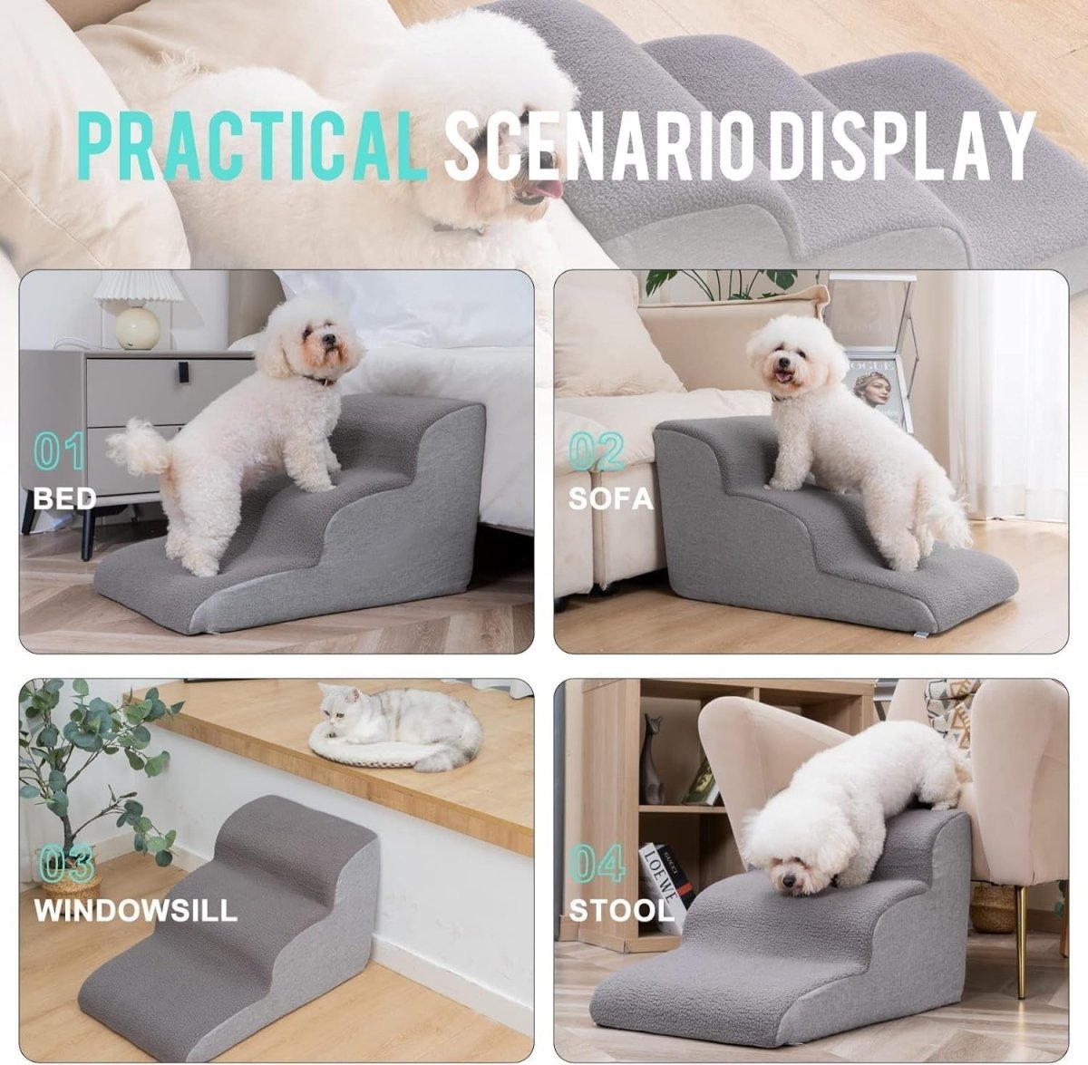 3 Tier Dog Stairs for Bed Non Slip Foam Pet Ramp Grey - Kwikley